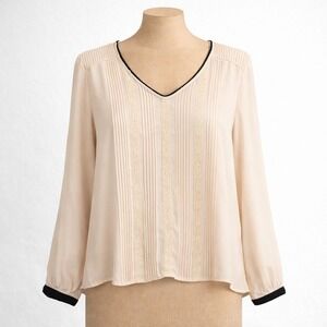 Lace Pintuck Long Sleeve Chiffon Top Sz L Cream Black Contrast Romantic Coquette